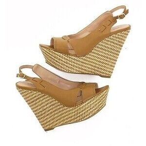 Sole Society Wedge Espadrille Sandals 8 B Slingback Shoes Brown Striped EUC FA-2